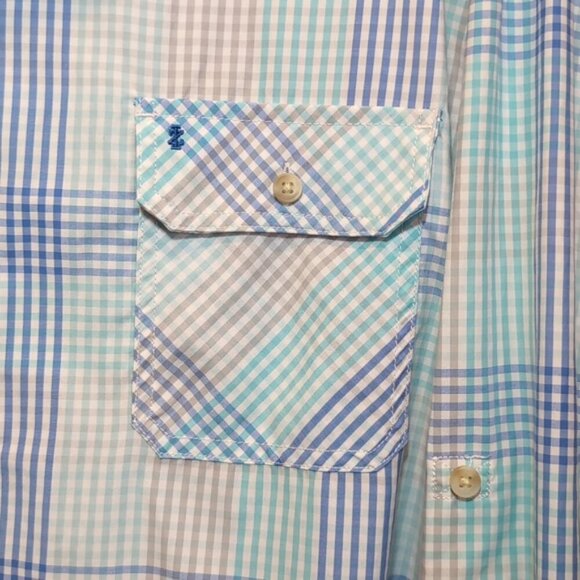 IZOD Surfcaster Button Down Shirt Long Roll Tab Sleeve Plaid Print Flap Pocket - Picture 4 of 12